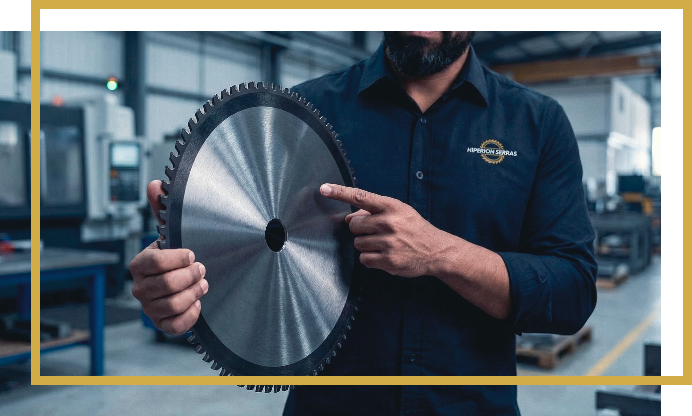 Especialista da Hiperion Serras apresentando serra circular industrial em ambiente fabril